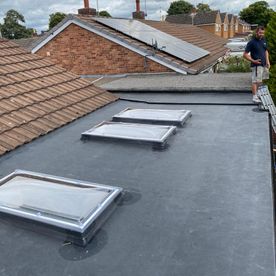 Flat roof with sky lights