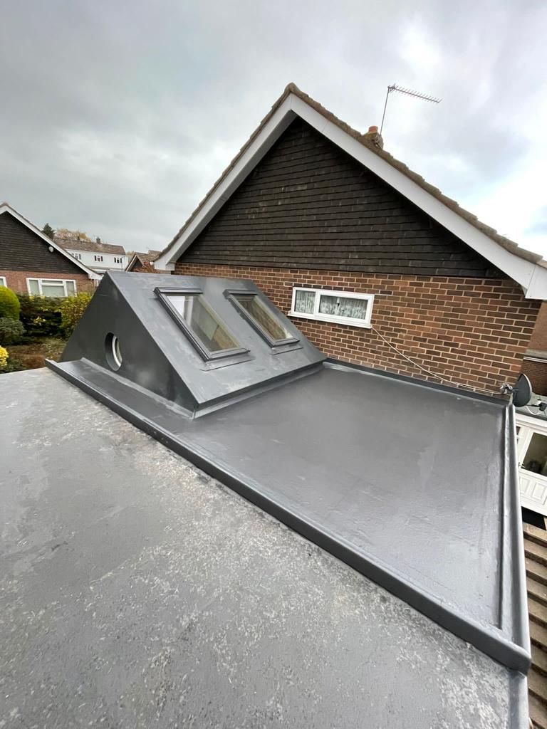 GRP Fibreglass roof fitted with 2 VELUX windows